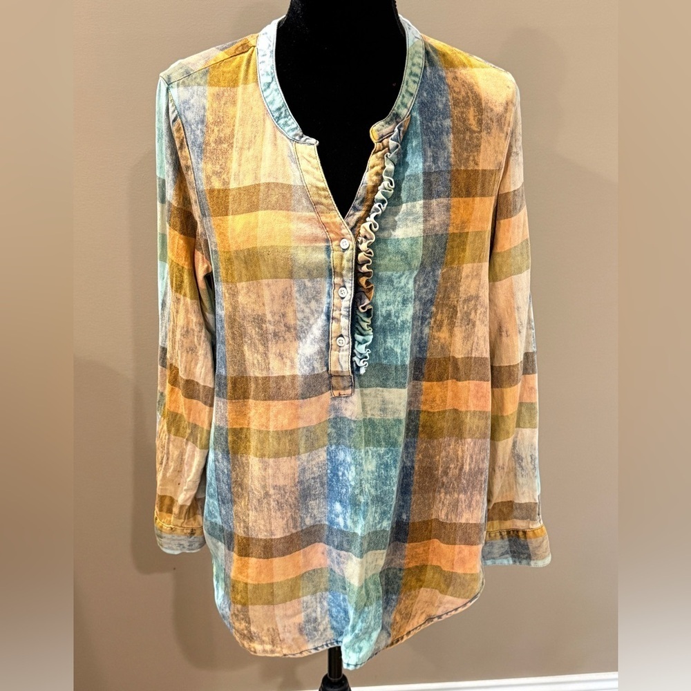 Women’s ANTHROPOLOGIE Isabella Sinclair plaid ruffled tunic acid wash top-Size M - Picture 4 of 8
